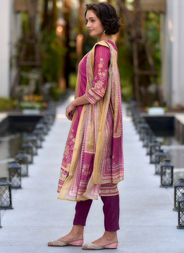 Pink Printed Silk Blend Casual Kurta Set