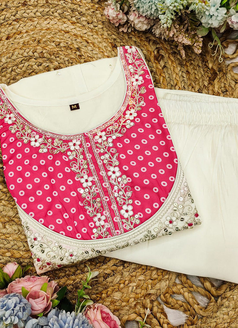 Off White And Magenta Embroidered Kurta With Palazzo Pant