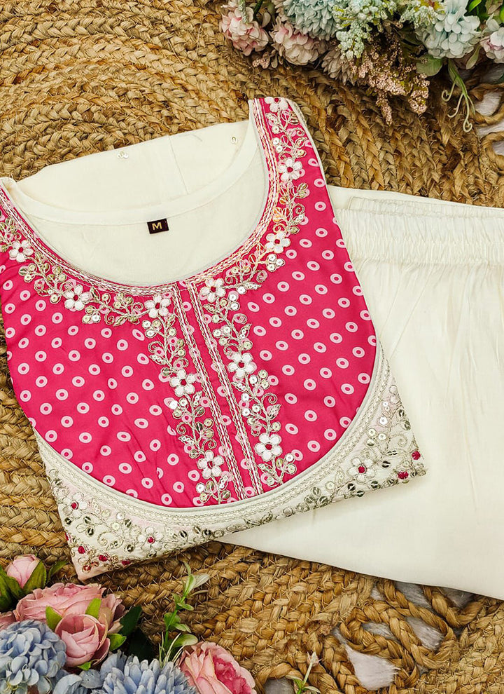 Off White And Magenta Embroidered Kurta With Palazzo Pant