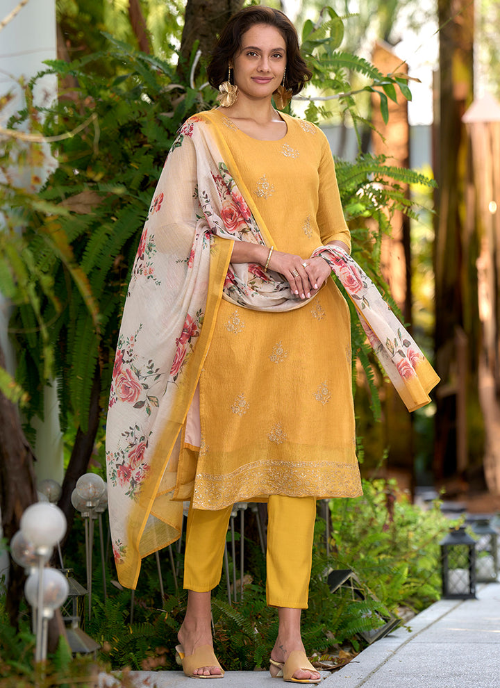 Yellow Tissue Kurta With Trouser And Dupatta