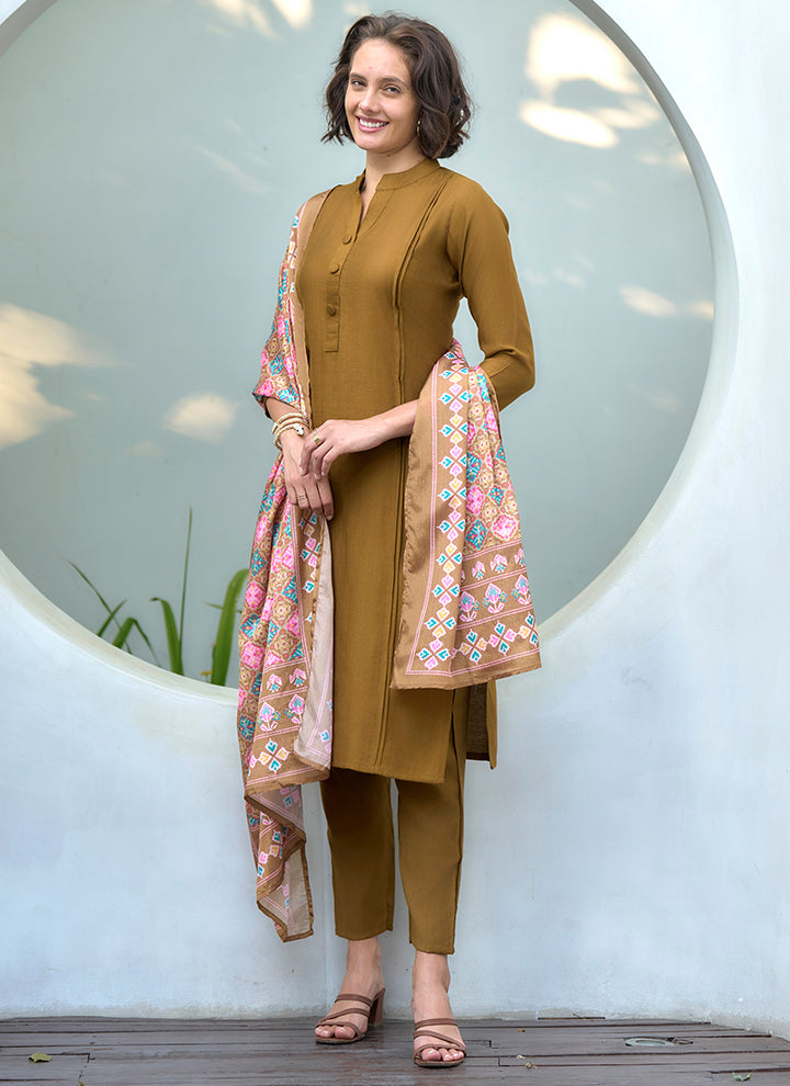 Mustard Vatican Straight Kurta Set With Printed Dupatta