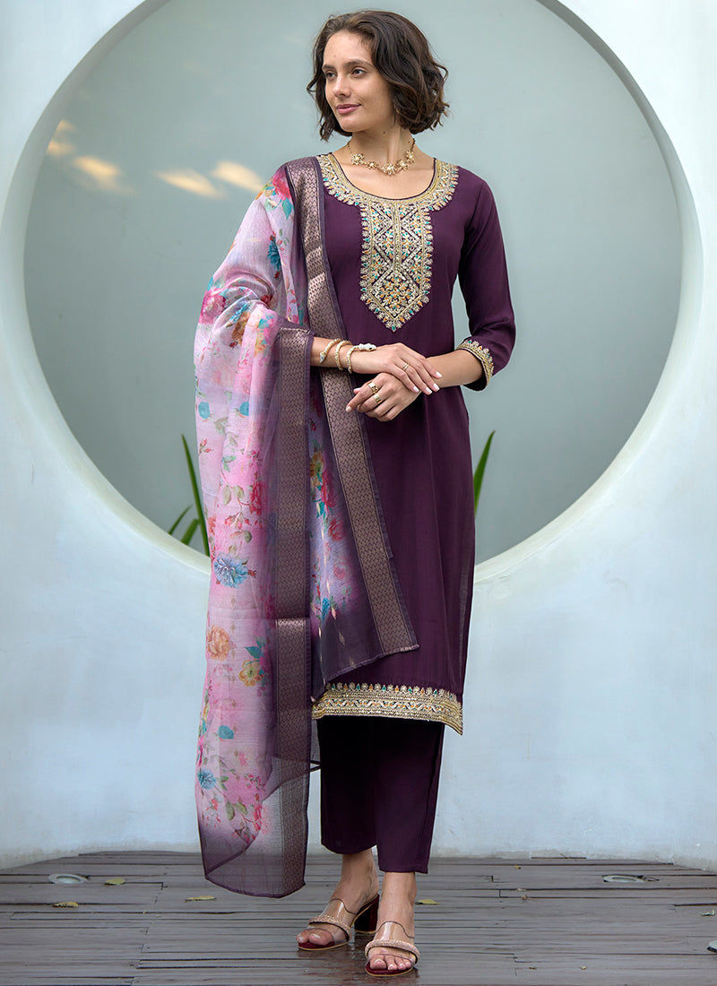Wine Embroidered Straight Kurta Set With Dupatta