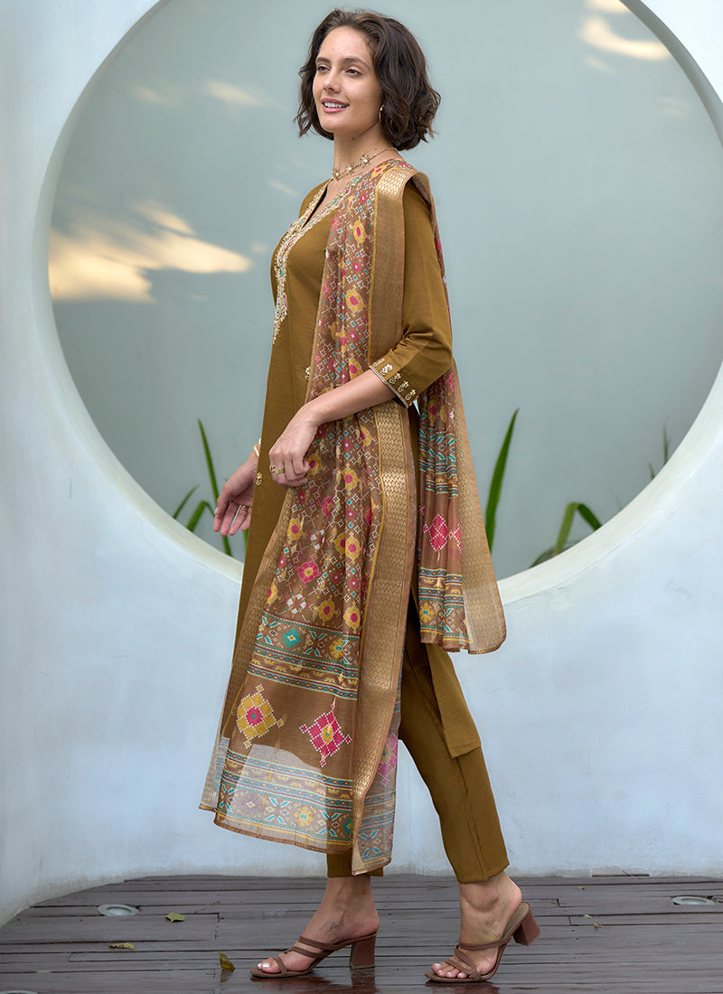 Khaki Yellow Vatican Embroidered Kurta Set With Dupatta