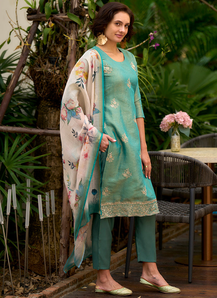 Sea Green Tissue Kurta With Trouser And Dupatta