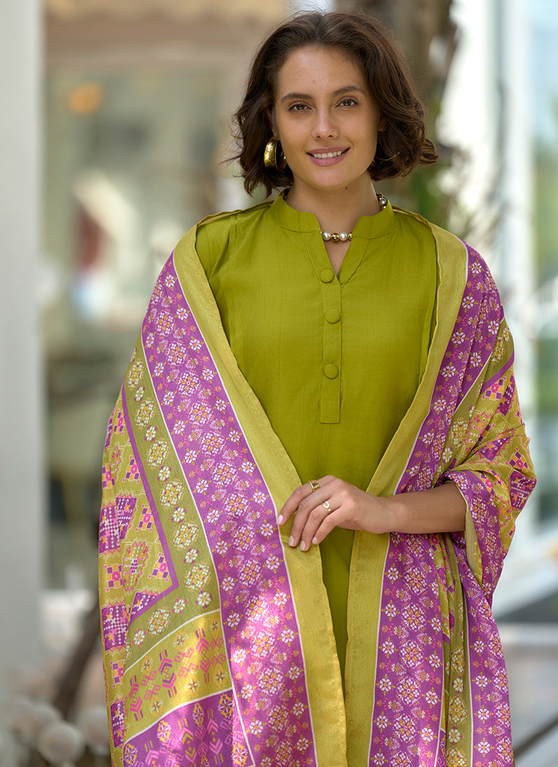 Olive Green Plain Straight Kurta Set With Printed Dupatta