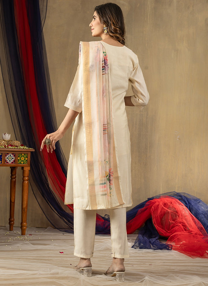 Off White Shimmer Silk Festive Wear Kurta Set