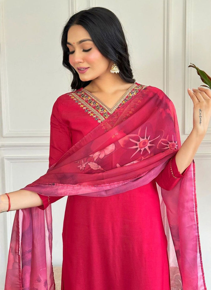 Hot Pink Embroidered Rayon Straight Kurta Set