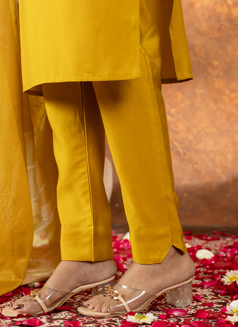 Mustard Yellow Roman Silk Embroidered Kurta Set For Haldi