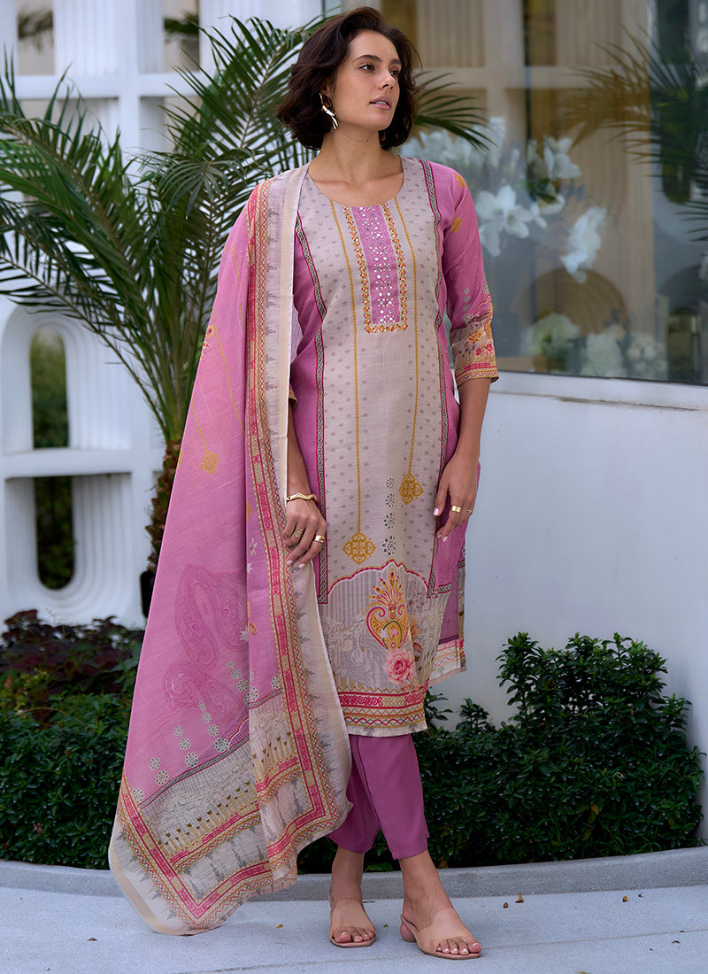 Grey And Pink Printed Silk Blend Festive Wear Kurta Set