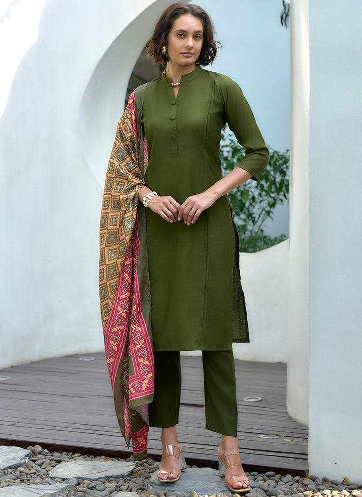 Lively Green Straight Kurta Set With Printed Dupatta