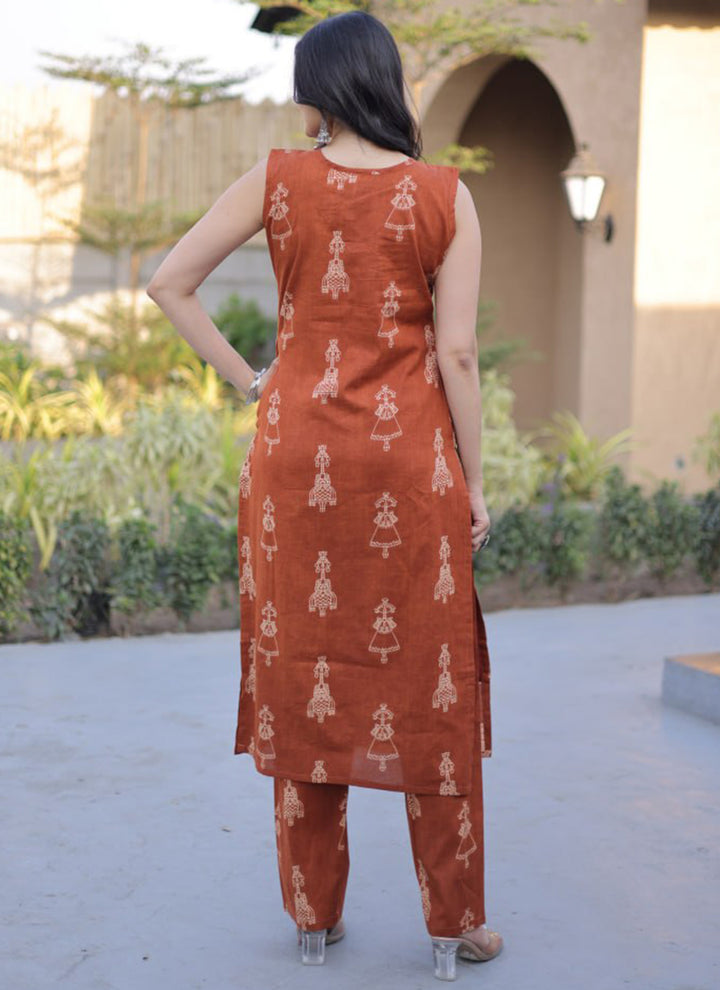 Rust Folk Art Printed Cotton Outwear Kurti And Pant