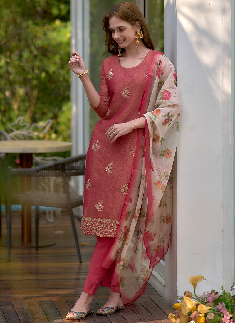 Red Tissue Kurta With Trouser And Dupatta