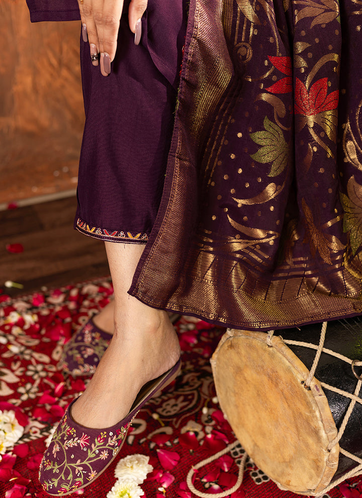 Wine Marian Silk Thread Work Kurta Set