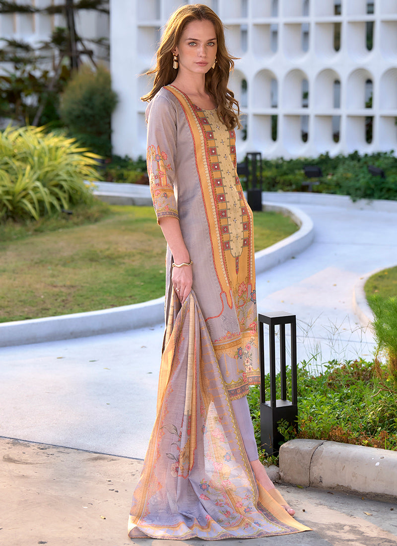 Silk Blend Lavender Kurta Set With Printed Dupatta