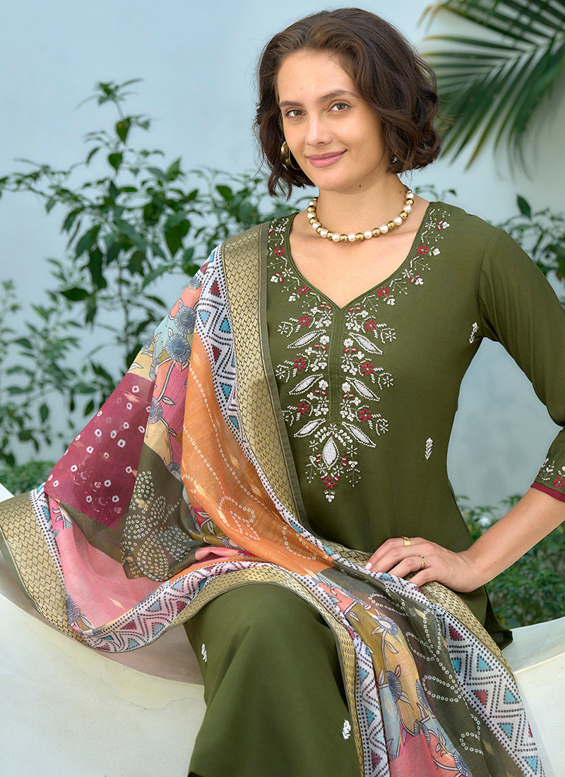 Embroidered Green Kurta With Trouser And Dupatta