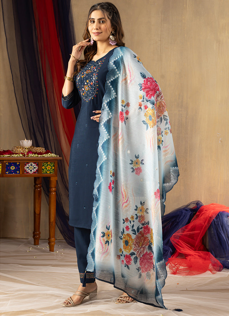 Blue Viscose Silk Thread Embroidered Kurta Set