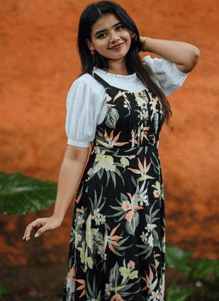Blissful Floral Hawaiian Print Black Rayon Dungaree Dress