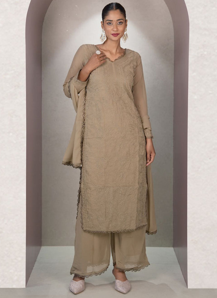 Brown Georgette Chikankari Palazzo Style Kurta Set