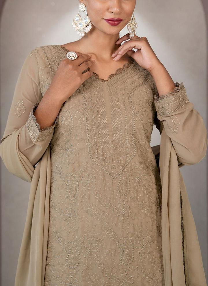 Brown Georgette Chikankari Palazzo Style Kurta Set