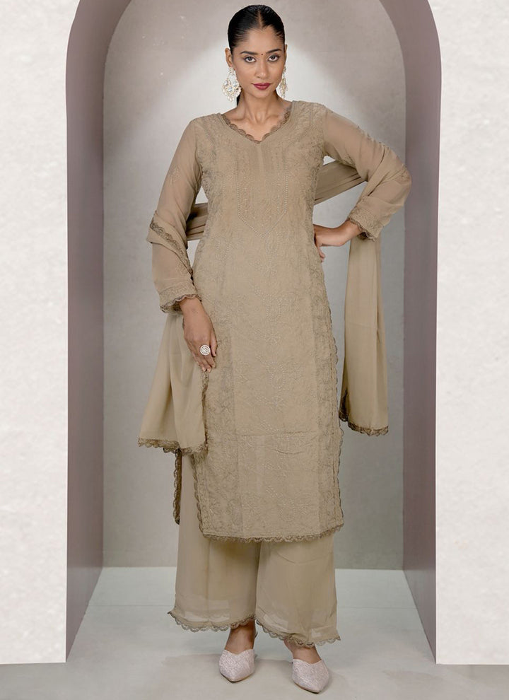 Brown Georgette Chikankari Palazzo Style Kurta Set