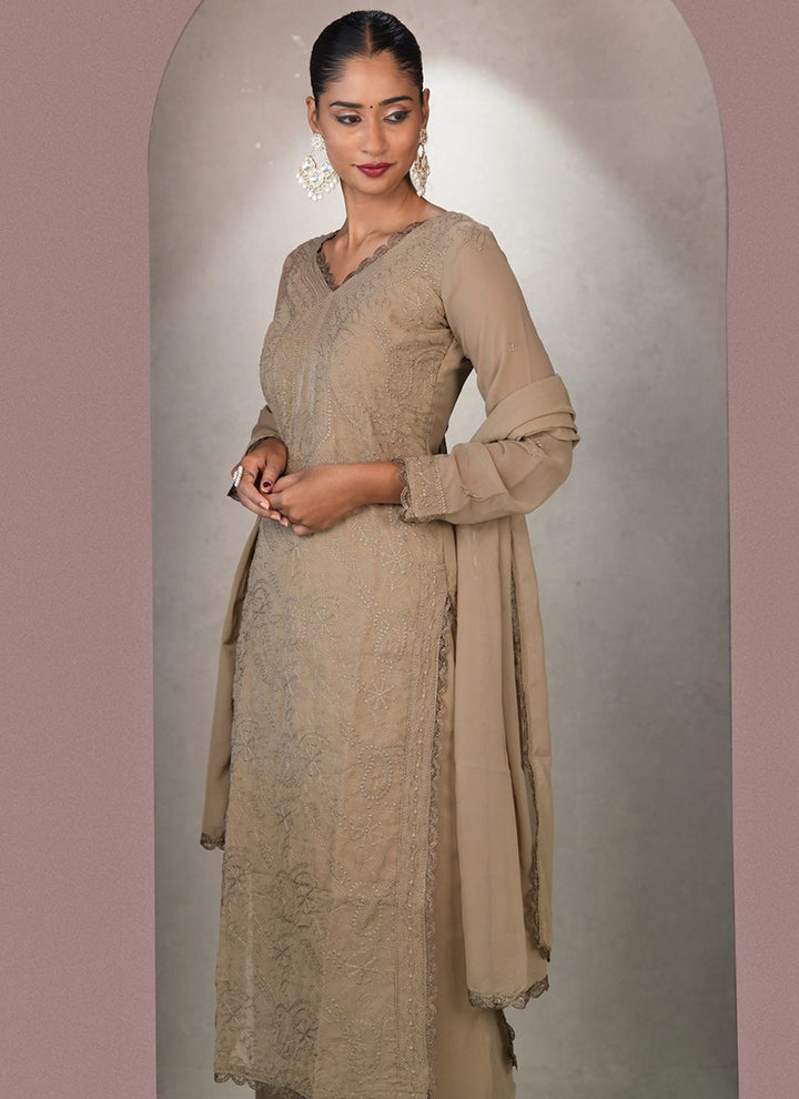 Brown Georgette Chikankari Palazzo Style Kurta Set