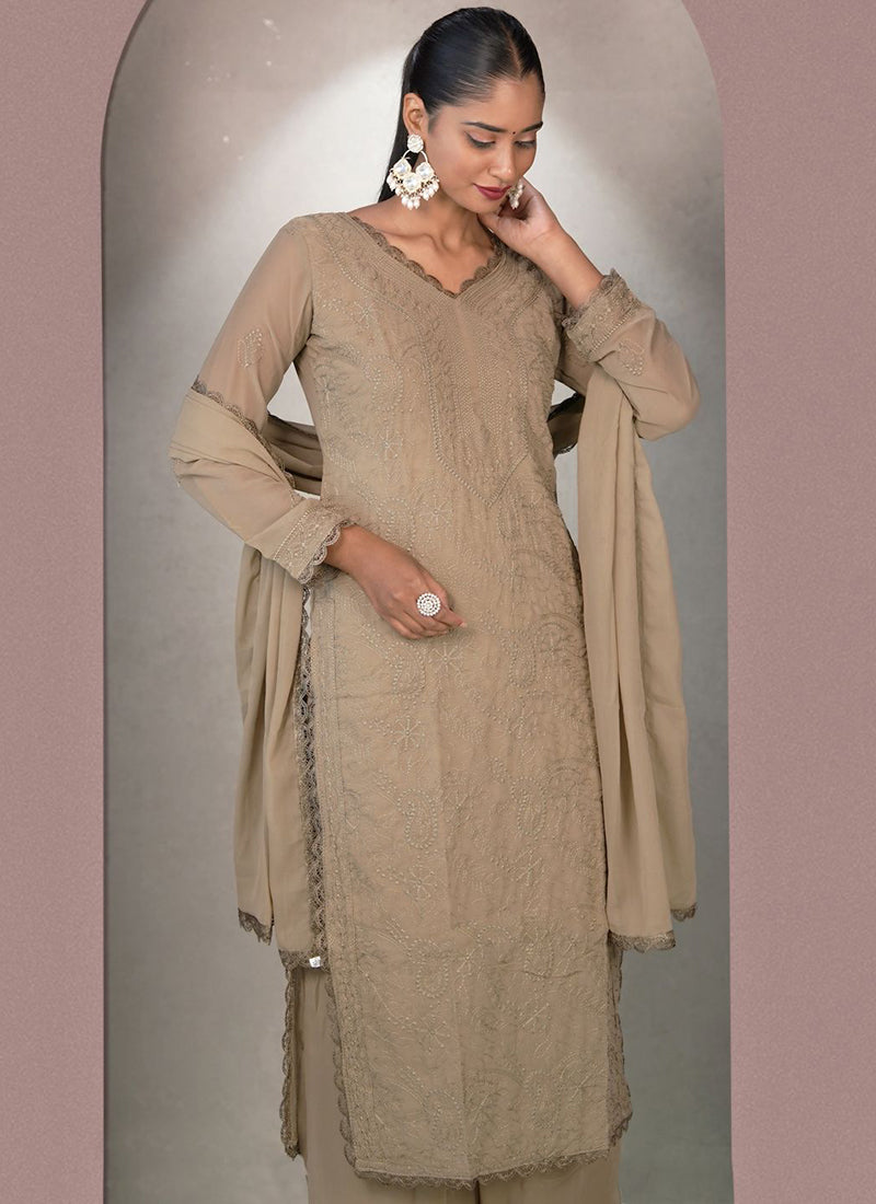 Brown Georgette Chikankari Palazzo Style Kurta Set