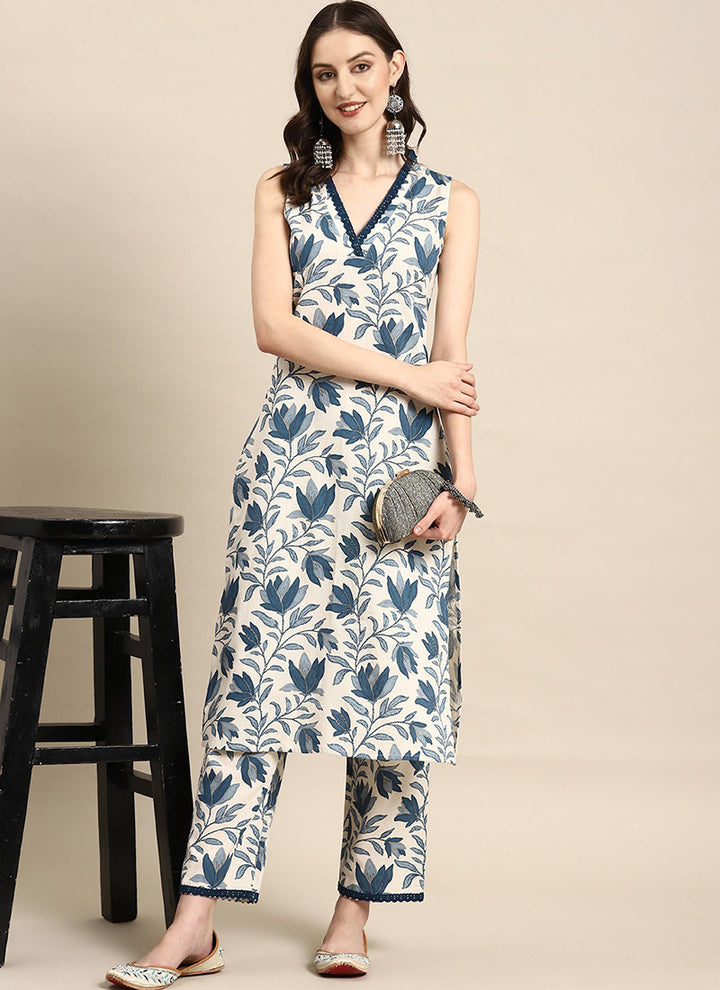 Strange Ivory Flower Print Sleeve Less Cord Set