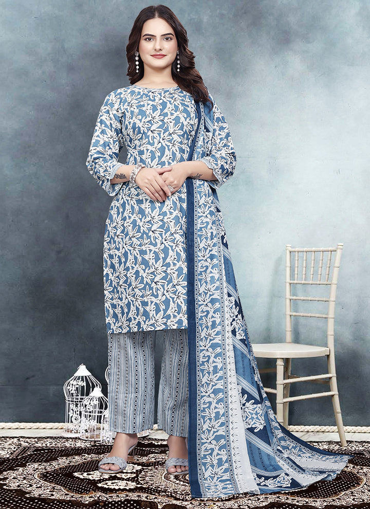 Blue Color Floral Printed Cotton Kurta With Trousers & Dupatta