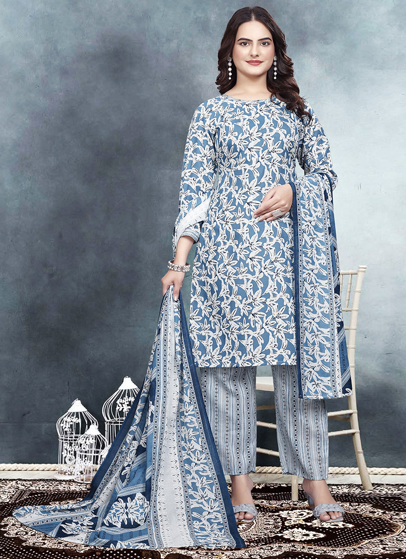 Blue Color Floral Printed Cotton Kurta With Trousers & Dupatta