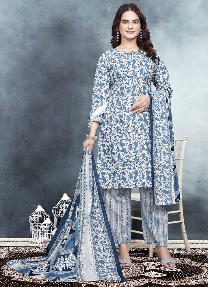 Blue Color Floral Printed Cotton Kurta With Trousers & Dupatta