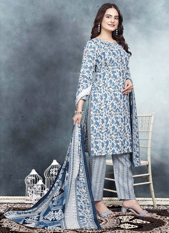 Blue Color Floral Printed Cotton Kurta With Trousers & Dupatta