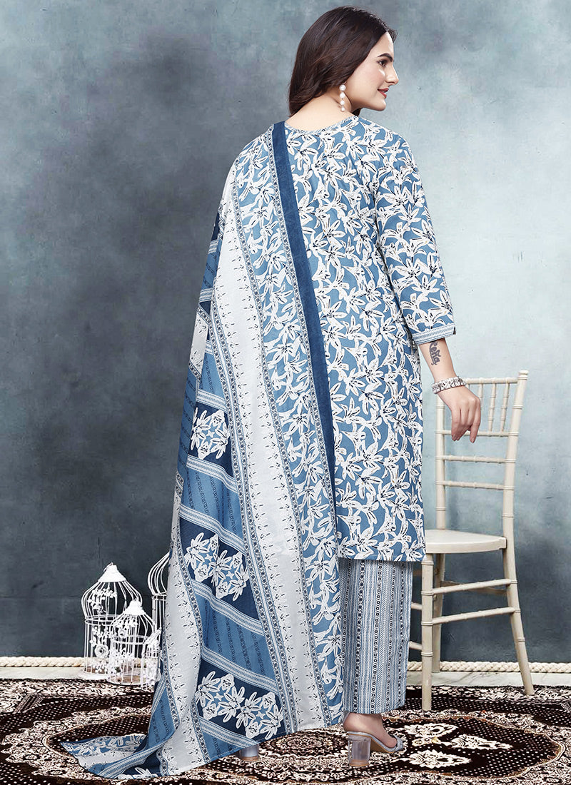 Blue Color Floral Printed Cotton Kurta With Trousers & Dupatta