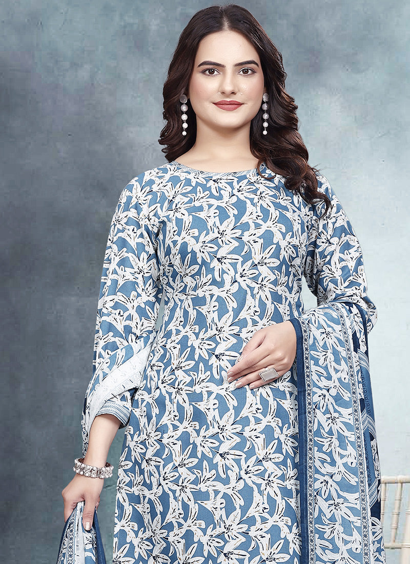 Blue Color Floral Printed Cotton Kurta With Trousers & Dupatta