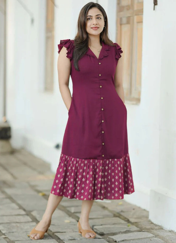 Maroon Rayon V Neck Outwear Midi Dress
