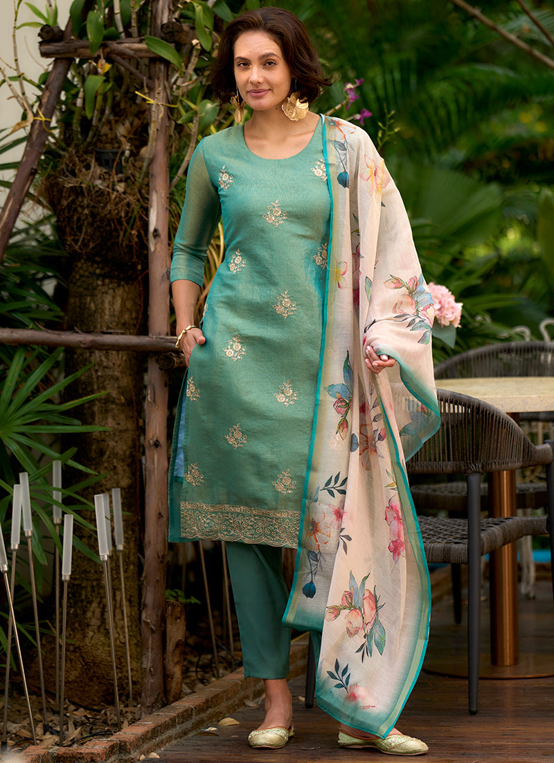 Sea Green Tissue Kurta With Trouser And Dupatta