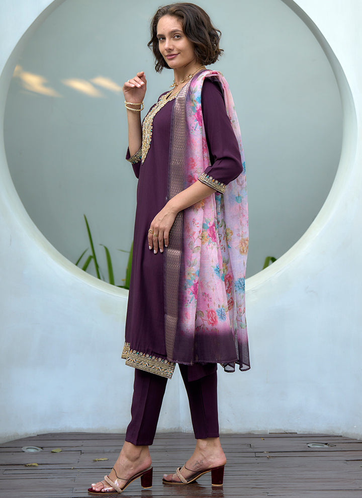 Wine Embroidered Straight Kurta Set With Dupatta