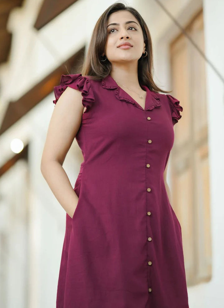 Maroon Rayon V Neck Outwear Midi Dress