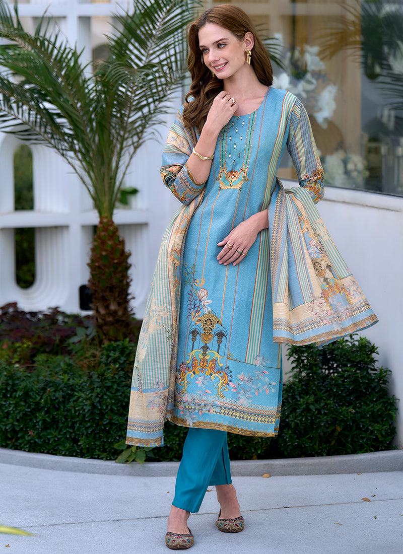 Sky Blue Silk Blend Printed Kurta Set For Festive