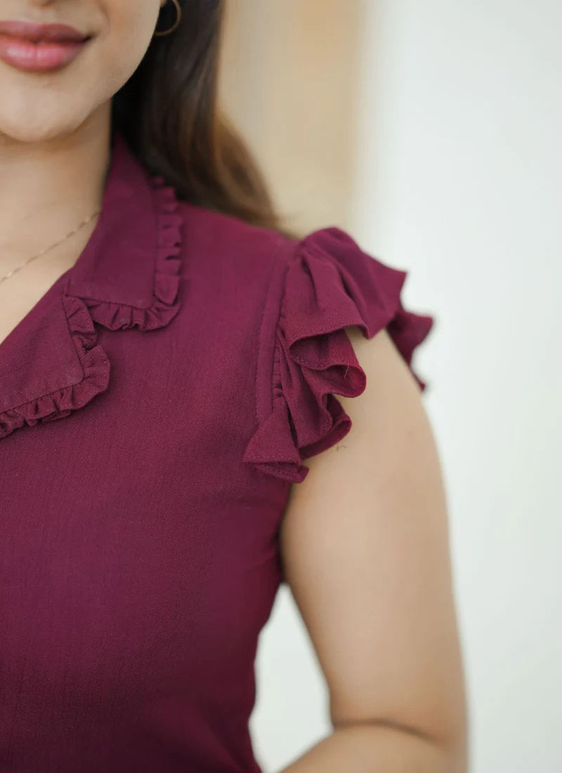 Maroon Rayon V Neck Outwear Midi Dress