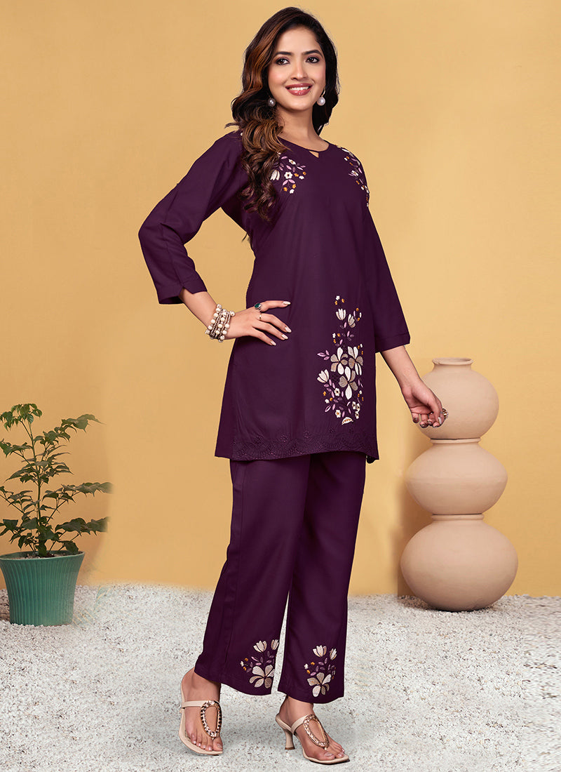Purple Viscose Rayon Embroidered Cord Set