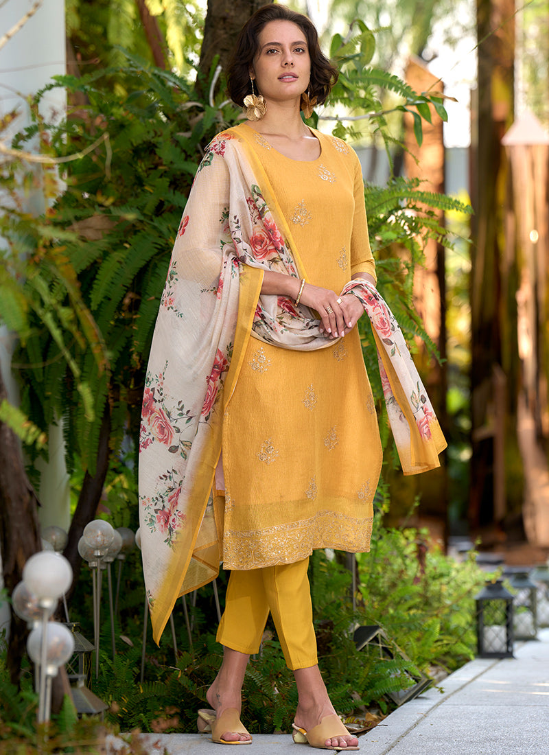 Yellow Tissue Kurta With Trouser And Dupatta
