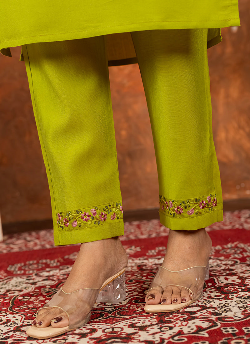 Green Embroidered Marina Silk Kurta Set