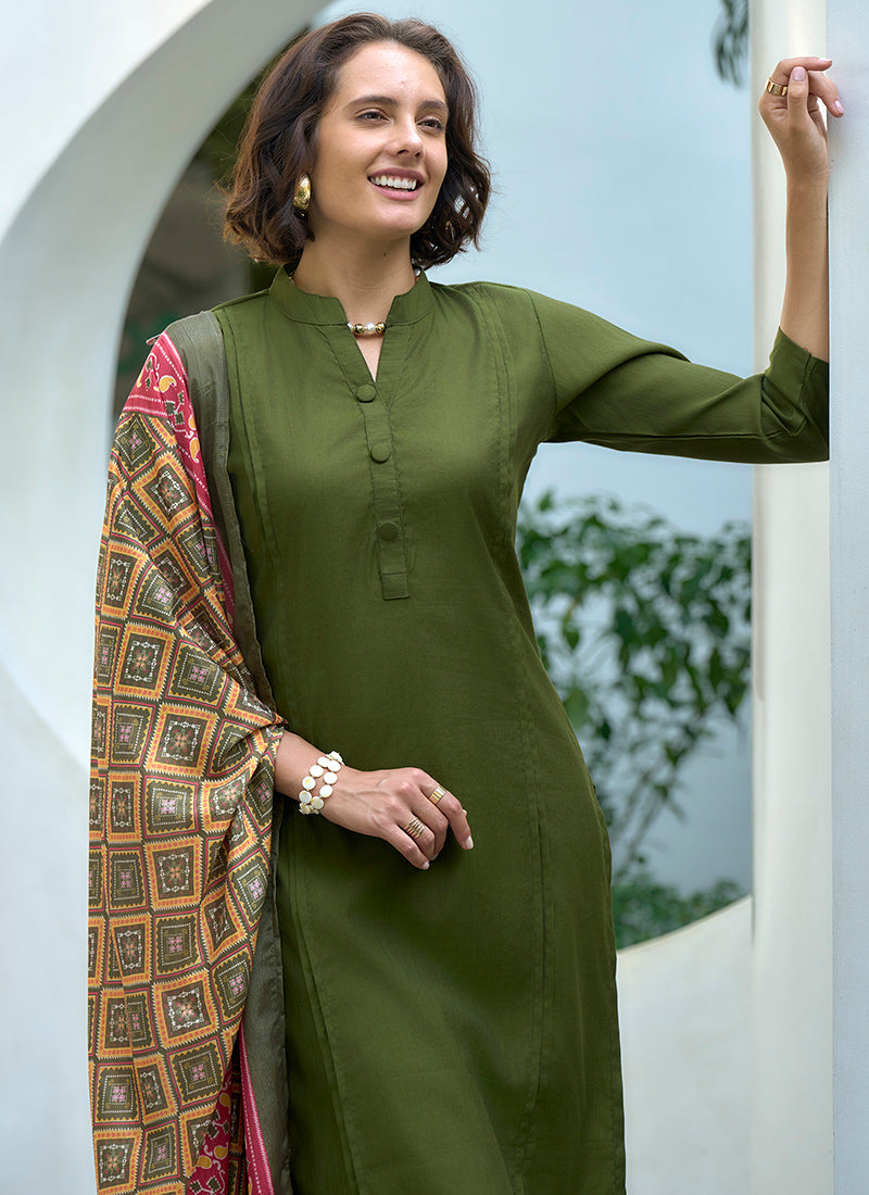 Lively Green Straight Kurta Set With Printed Dupatta