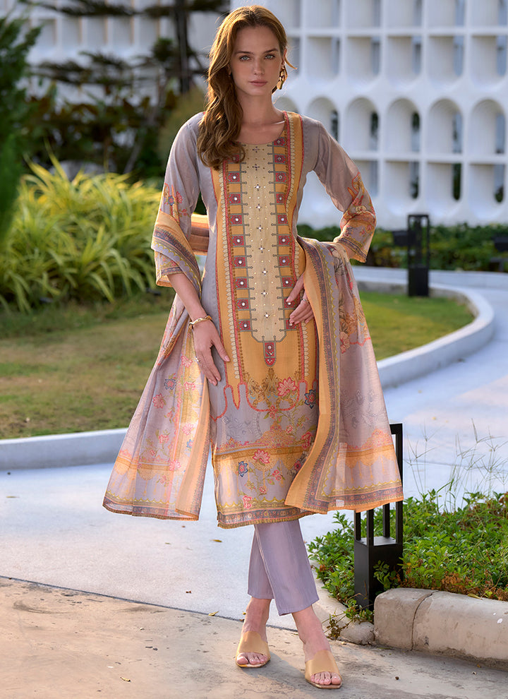 Silk Blend Lavender Kurta Set With Printed Dupatta