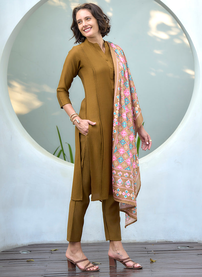 Mustard Vatican Straight Kurta Set With Printed Dupatta