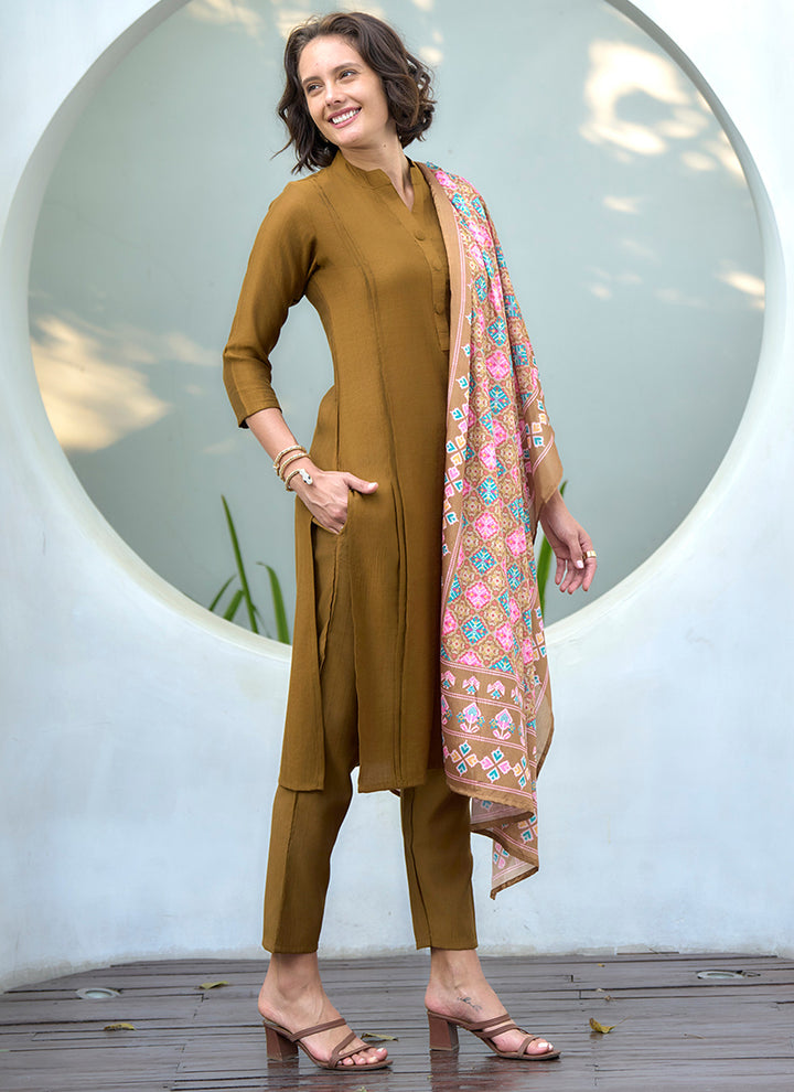 Mustard Vatican Straight Kurta Set With Printed Dupatta