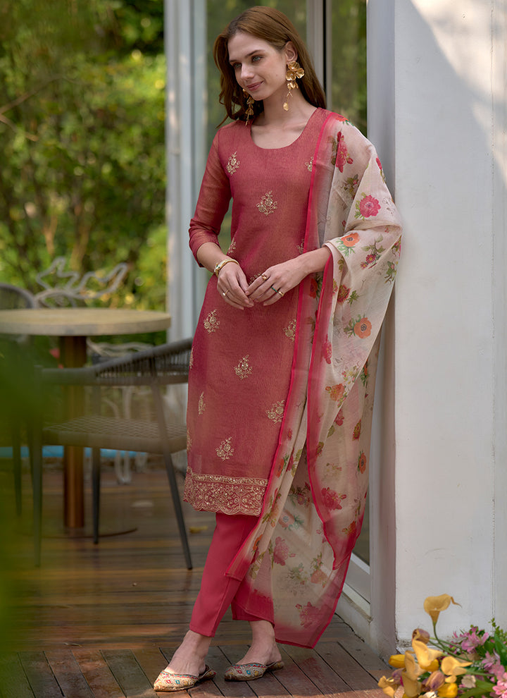 Red Tissue Kurta With Trouser And Dupatta