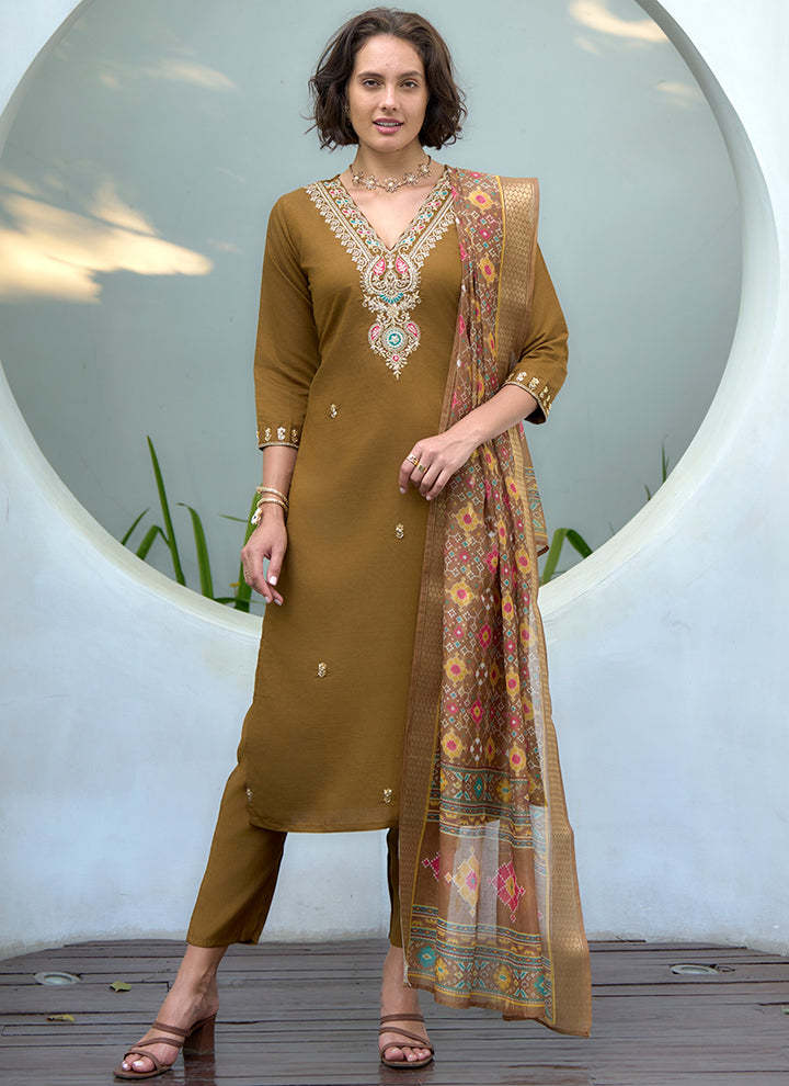 Khaki Yellow Vatican Embroidered Kurta Set With Dupatta