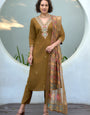 Khaki Yellow Vatican Embroidered Kurta Set With Dupatta