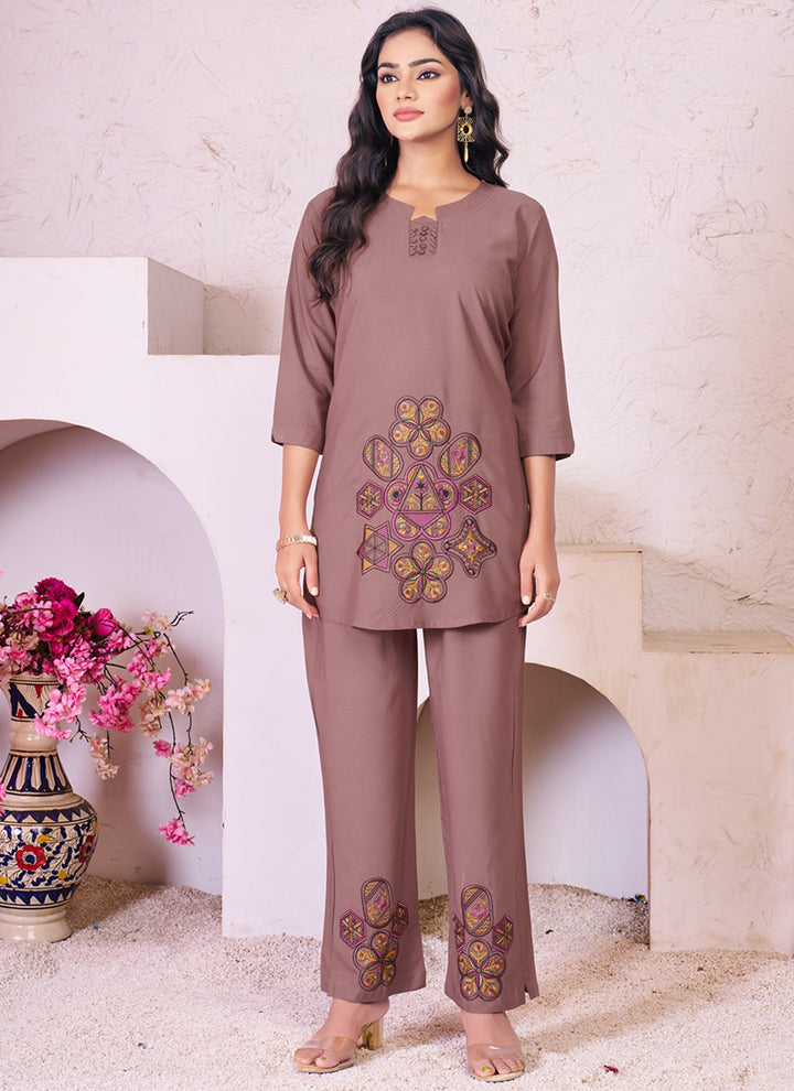 Mauve Rayon Embroidered Cord Set For Festive